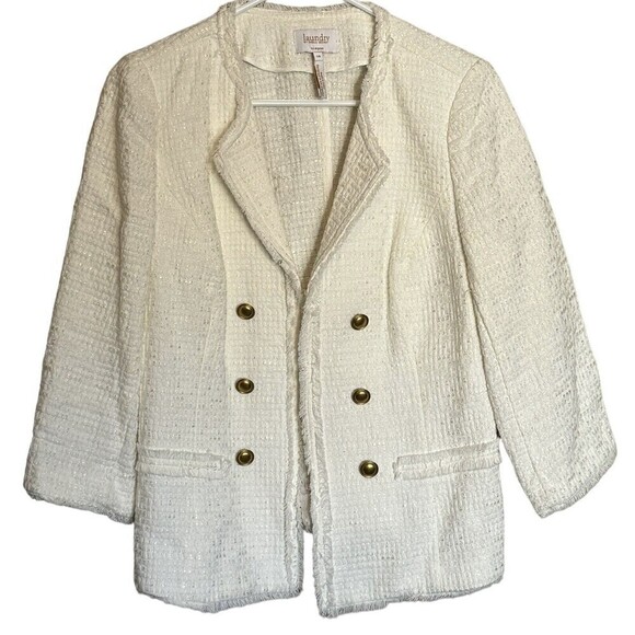 Laundry Jackets & Blazers - Laundry By Shelli Segal Blazer Women's 10 White Ivory Fringe Open Gold Buttons